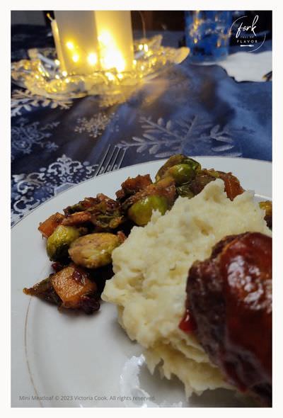 Mini Meat Loaf plated with mashed potatoes and Brussel sprouts