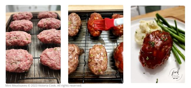 Completing the cook of the mini meatloaf and plating it for dinner with mashed potatoes and green beans.