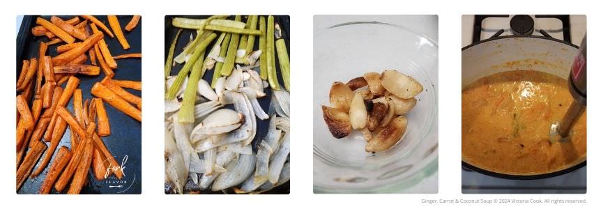 The roasted carrots, celery, onion, and garlic cloves before blending them into the soup