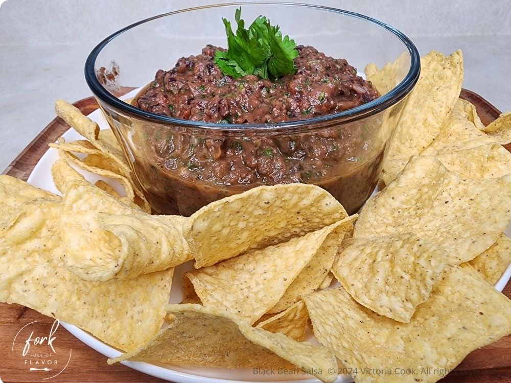 Black Bean Salsa surrounded by crunchy taco chips