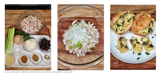 A series of three photos starting with the ingredients needed to prepare Curry Chicken Salad, mixing the salad, and finally the plated sandwiches.