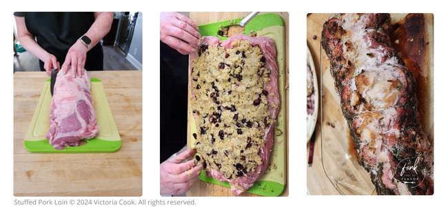 A group of three photos of the Pork Loin in different stages of preparation: before butterflying, during stuffing and after it is cooked