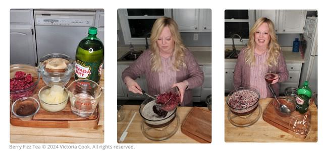 Three photos side-by-side consisting of the ingredients needed for making  berry fizz tea, some of the prep and Victoria toasting with a glass of the punch.