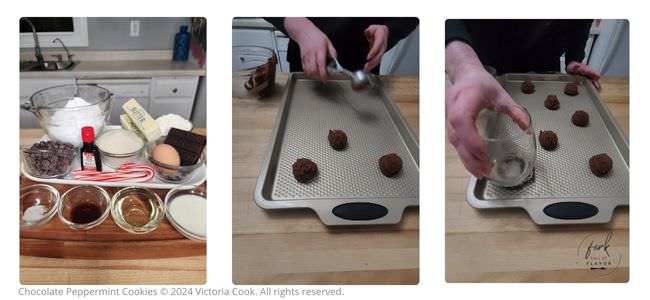 Three photos depicting the ingredients for the chocolate peppermint cookies, dropping cookie dough balls on the cookie sheet and pressing the cookie dough into shape.