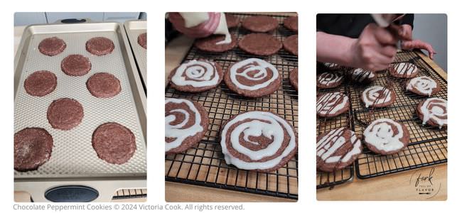 Three photos showing the baked cookies, add a swirl of peppermint frosting, a drizzle of chocolate and topped with some crushed candy cane.