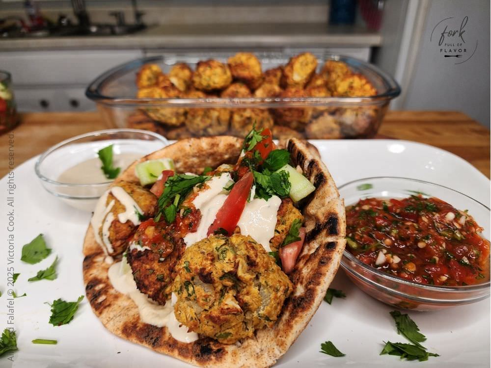 Air-fried Falafel in a pita flat bread topped with tahini and hot sauce.