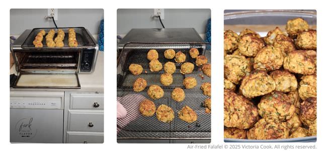 Falafel balls going into the air-fryer and a photo of cooked air-fried falafel