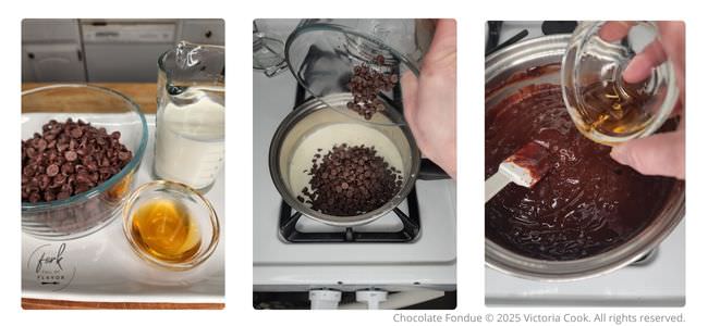 Three ingredients and two simple steps to make this delicious chocolate fondue in a pan on the stove.