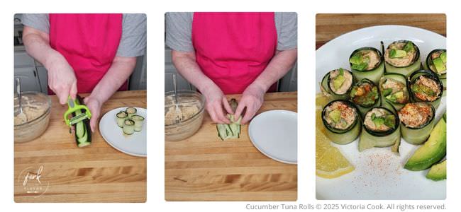 Rolling the tuna in slices of cucumber to make tasty cucumber tuna rolls for a light snack or appetizer.