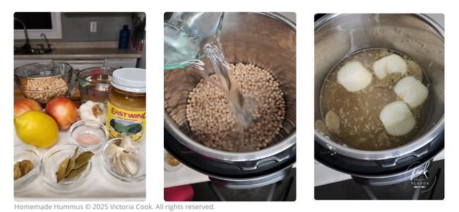 Three photos showing the ingredients for cooking dry garbanzo beans in the Instant Pot and all the ingredients in the pot ready to be cooked.